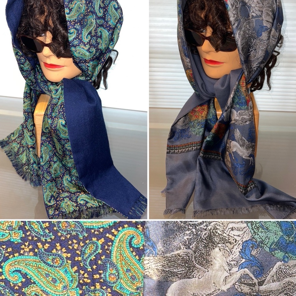 2️⃣🐑 Set Printed Wool Back/Silk Face Paisley & Pegasus Patterned Lot 2 Scarves